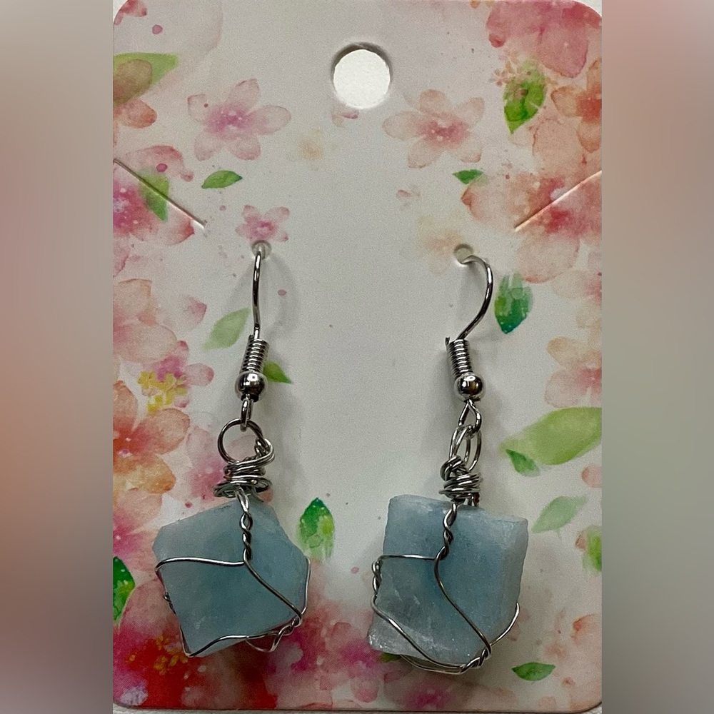 Rough Cut Aquamarine Wire-Wrapped Earrings